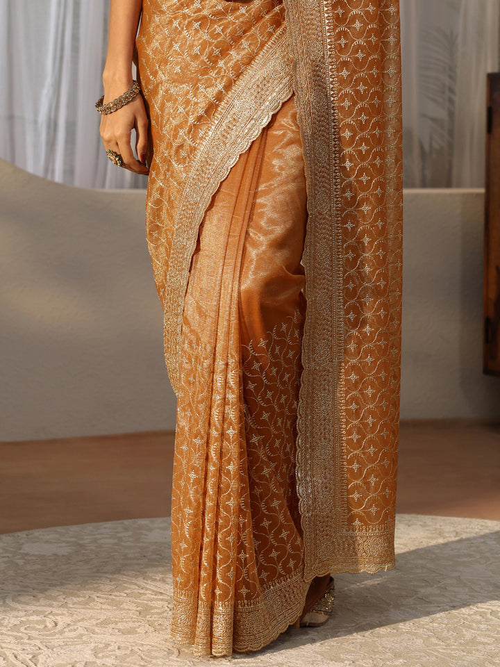 Orange Ethnic Embroidered Net Saree
