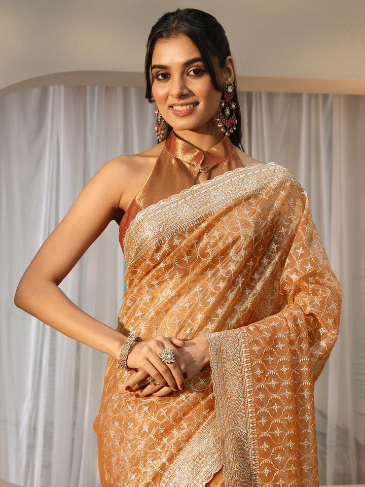 Orange Ethnic Embroidered Net Saree