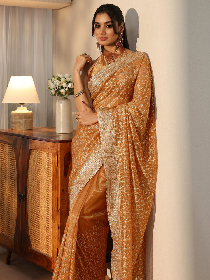 Orange Ethnic Embroidered Net Saree