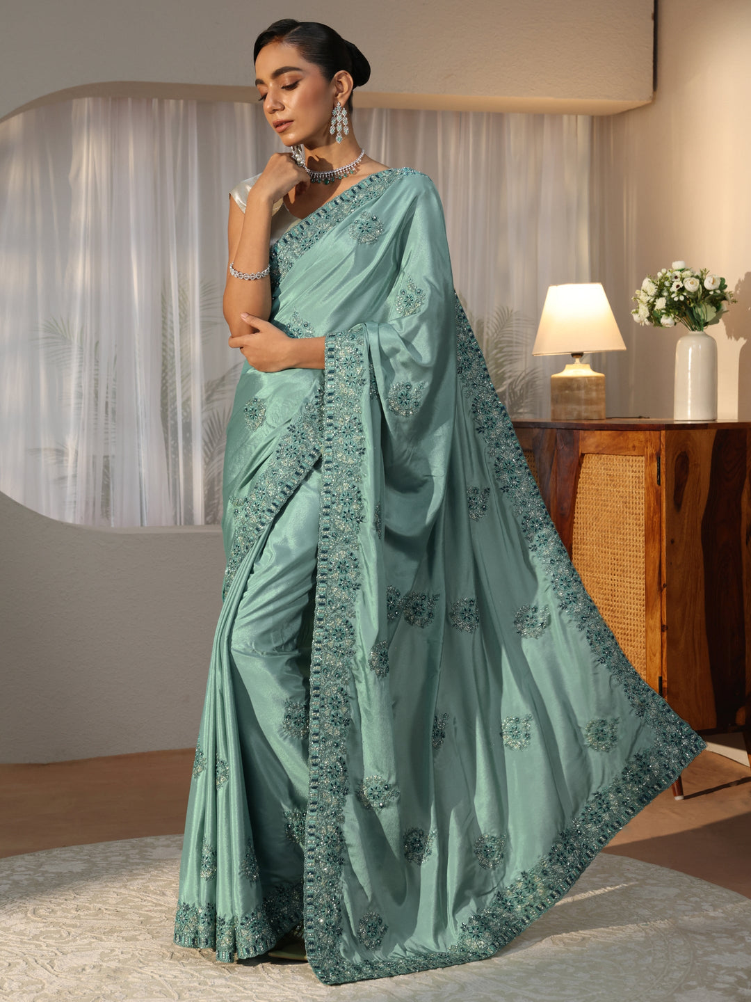 Dusty Blue Floral Embroidered Satin Saree