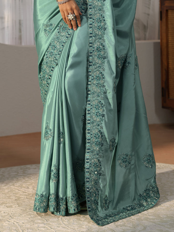 Dusty Blue Floral Embroidered Satin Saree