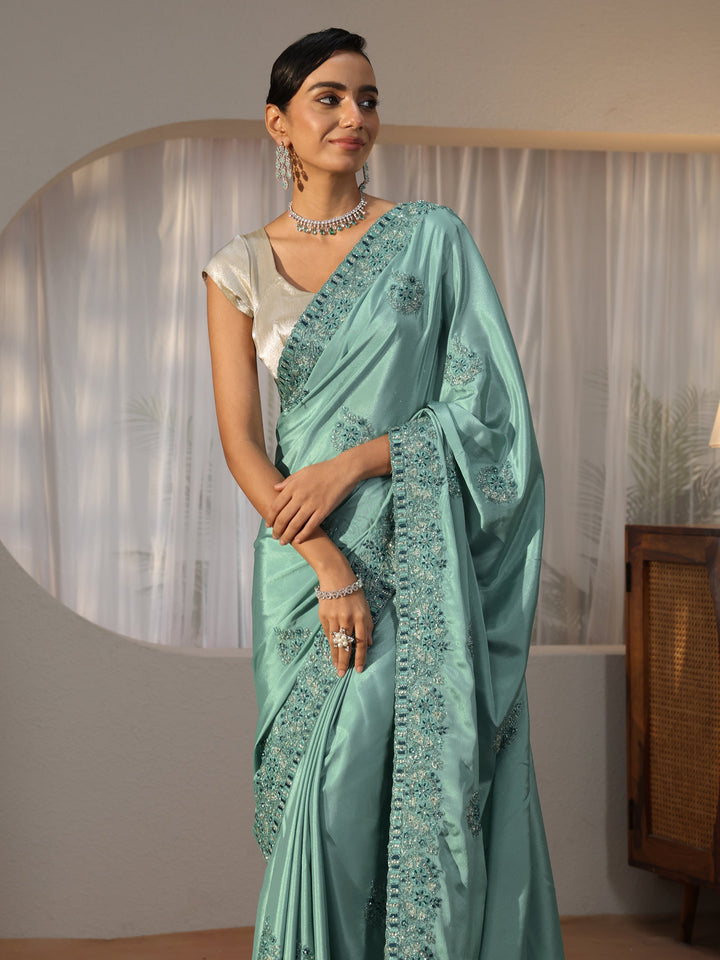 Dusty Blue Floral Embroidered Satin Saree