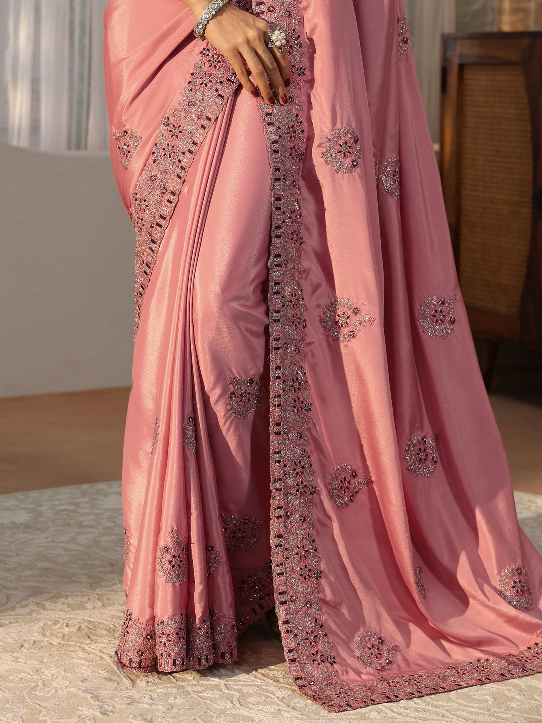 Peach Floral Embroidered Satin Saree