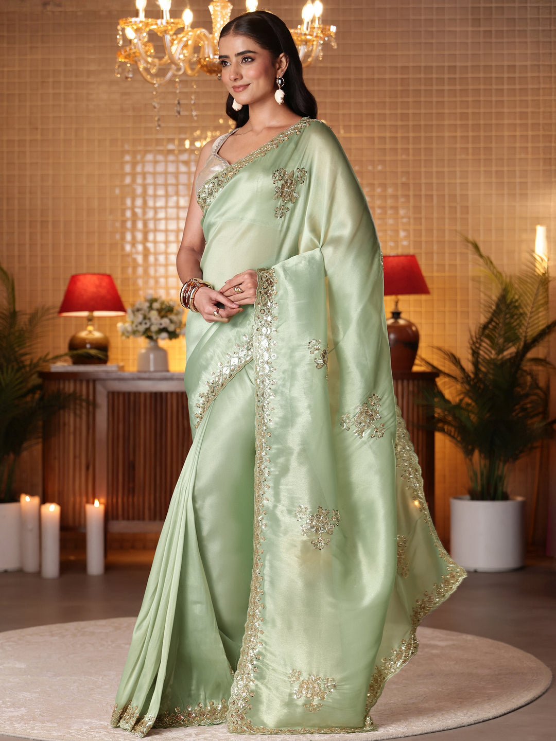 Libas Art Green Floral Embellished Tissue Saree