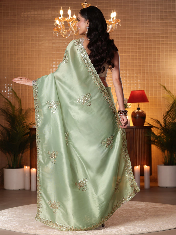 Libas Art Green Floral Embellished Tissue Saree