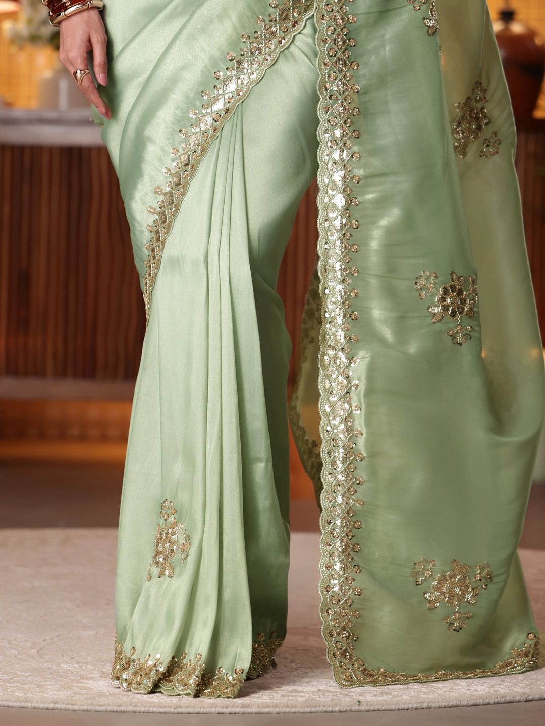 Libas Art Green Floral Embellished Tissue Saree