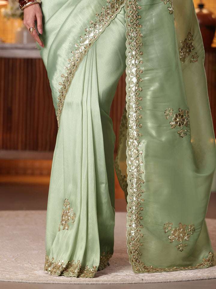 Libas Art Green Floral Embellished Tissue Saree