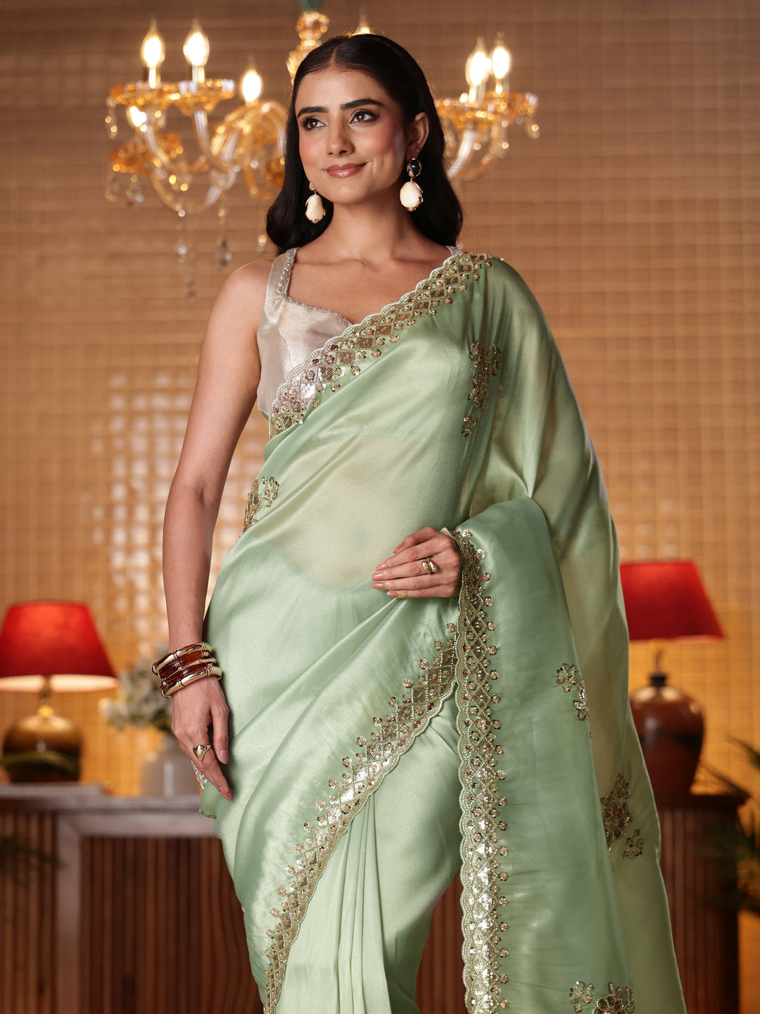 Libas Art Green Floral Embellished Tissue Saree