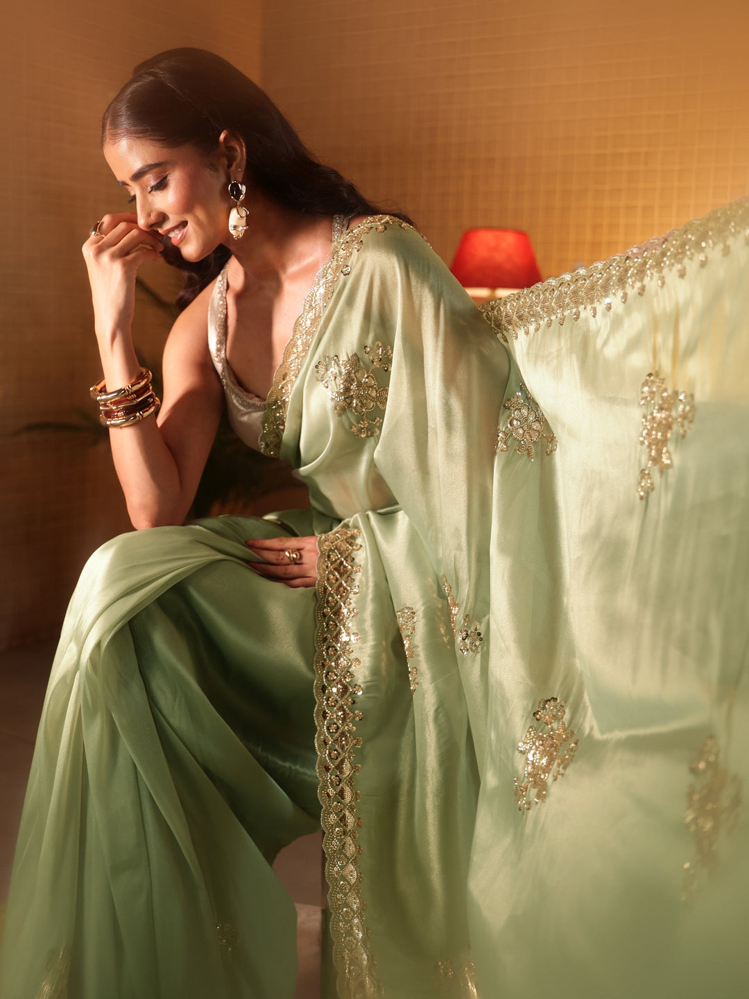 Libas Art Green Floral Embellished Tissue Saree