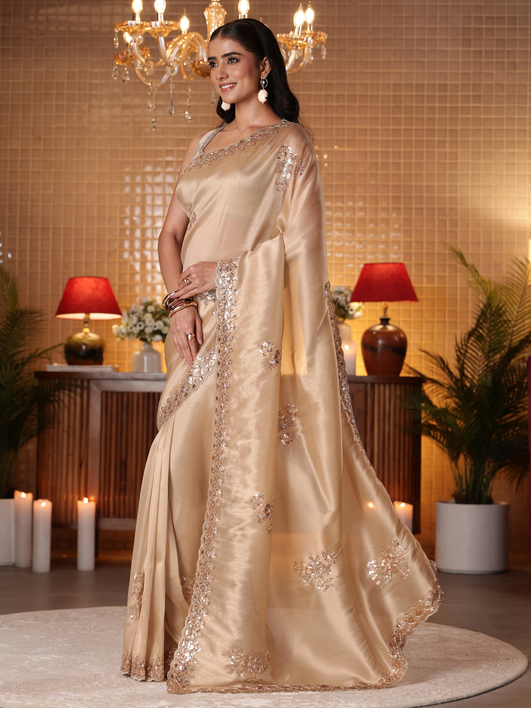 Libas Art Gold Floral Embellished Tissue Saree