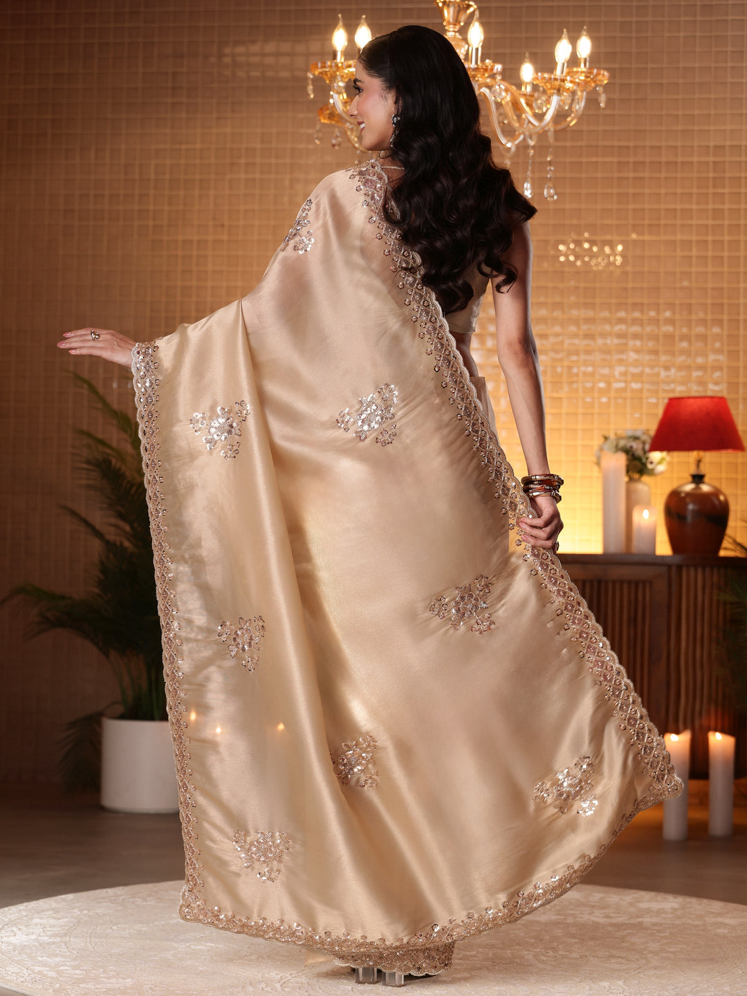 Libas Art Gold Floral Embellished Tissue Saree