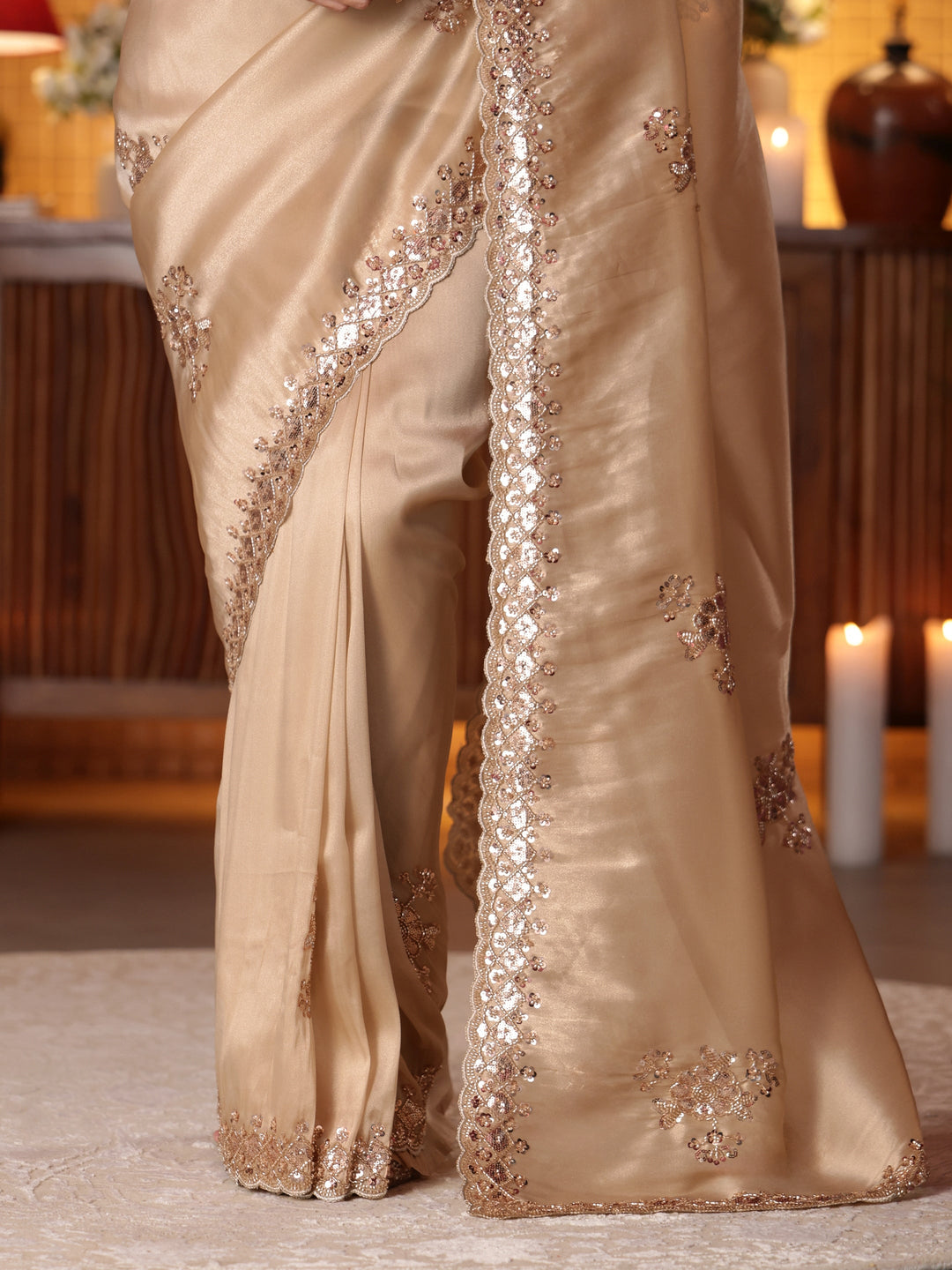 Libas Art Gold Floral Embellished Tissue Saree