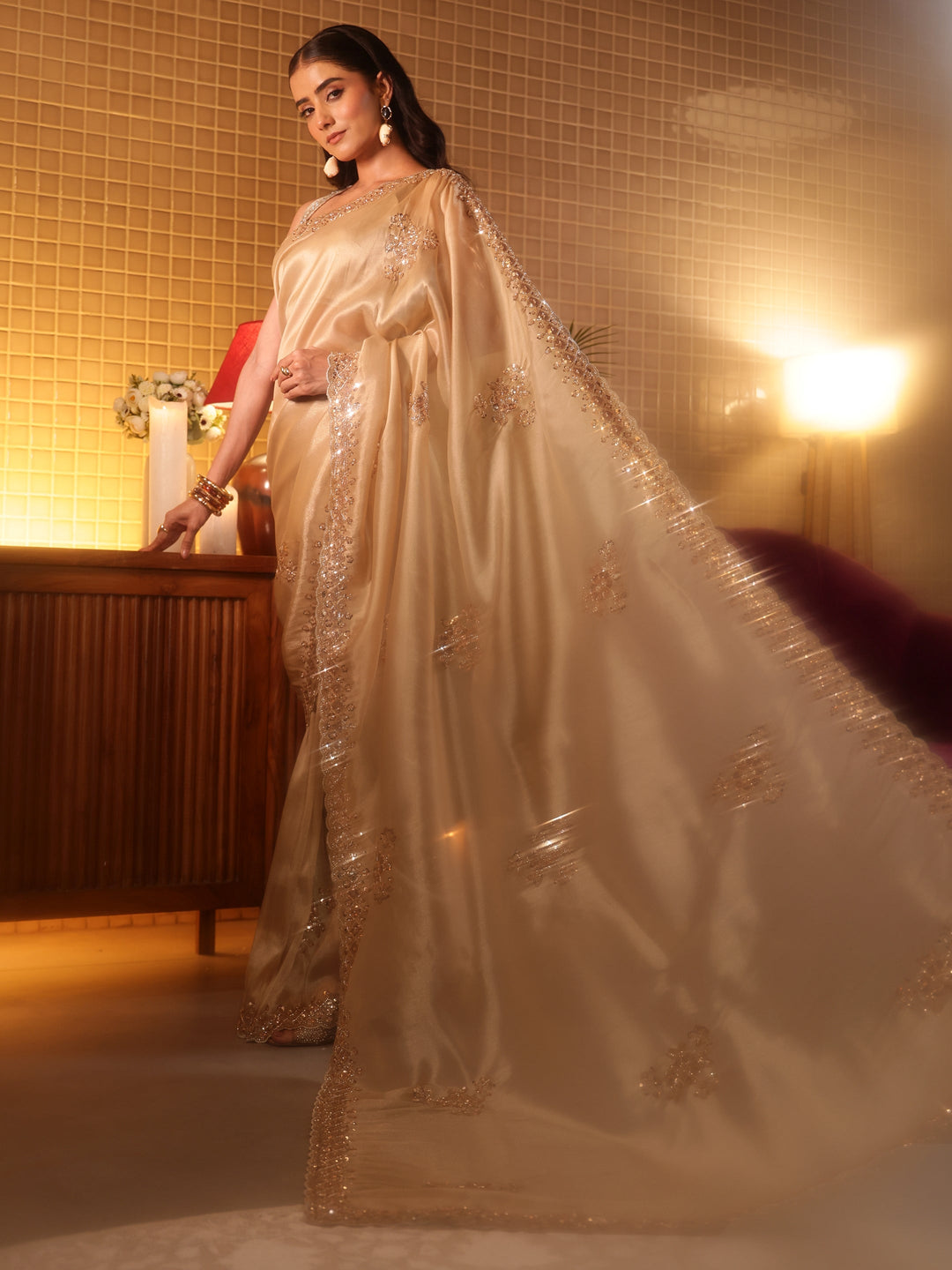 Libas Art Gold Floral Embellished Tissue Saree
