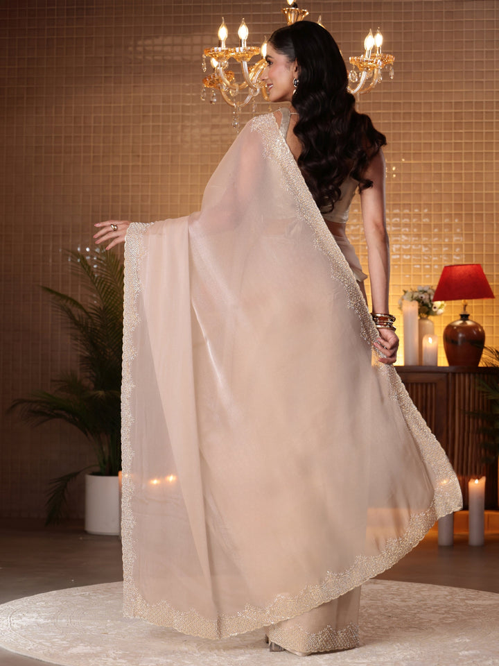 Libas Beige Solid Tissue Saree