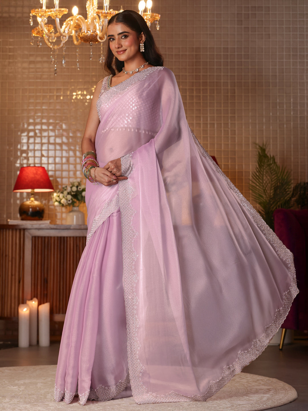 Libas Lavender Solid Tissue Saree