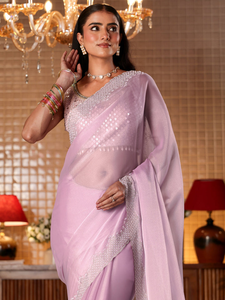 Libas Lavender Solid Tissue Saree