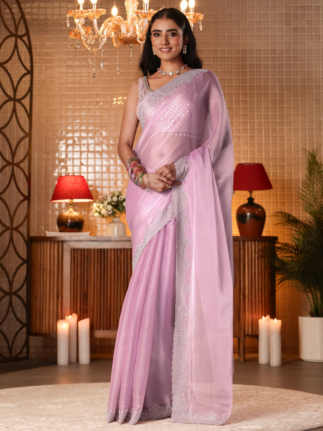 Libas Lavender Solid Tissue Saree
