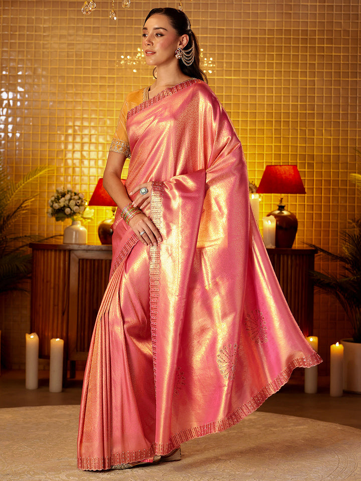 Libas Pink Floral Woven Design Silk Blend Saree