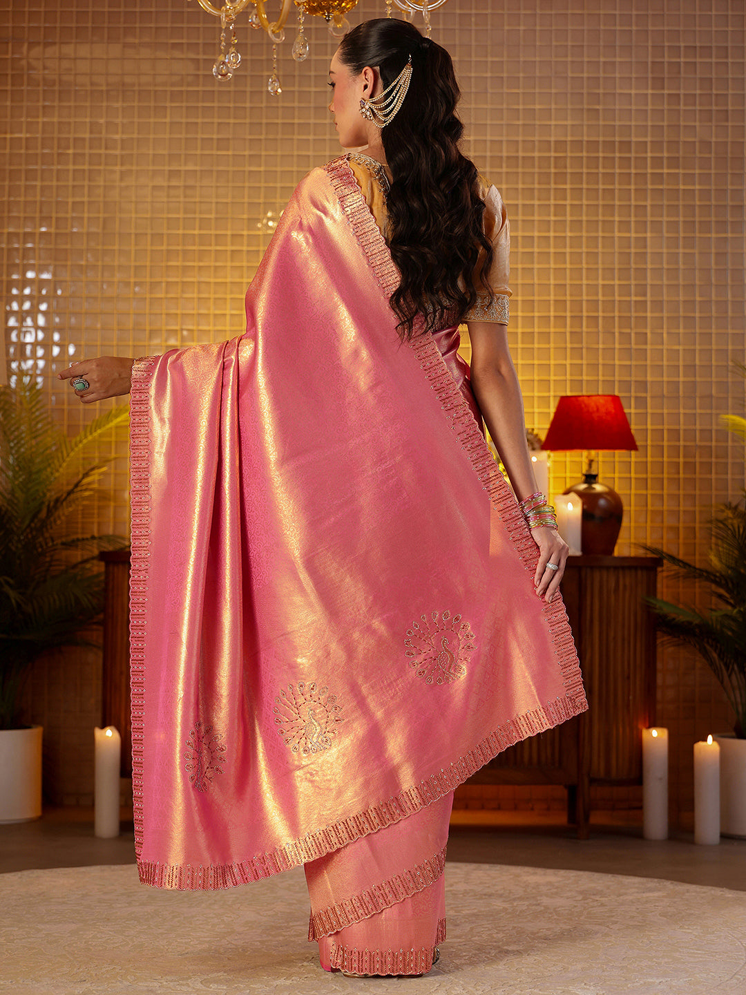 Libas Pink Floral Woven Design Silk Blend Saree