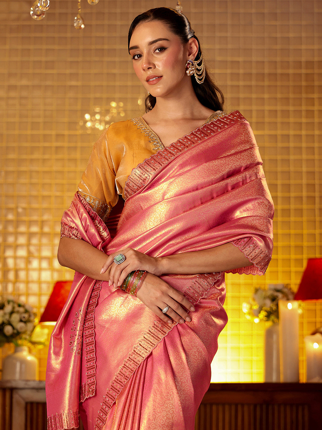 Pink Floral Woven Design Silk Blend Saree
