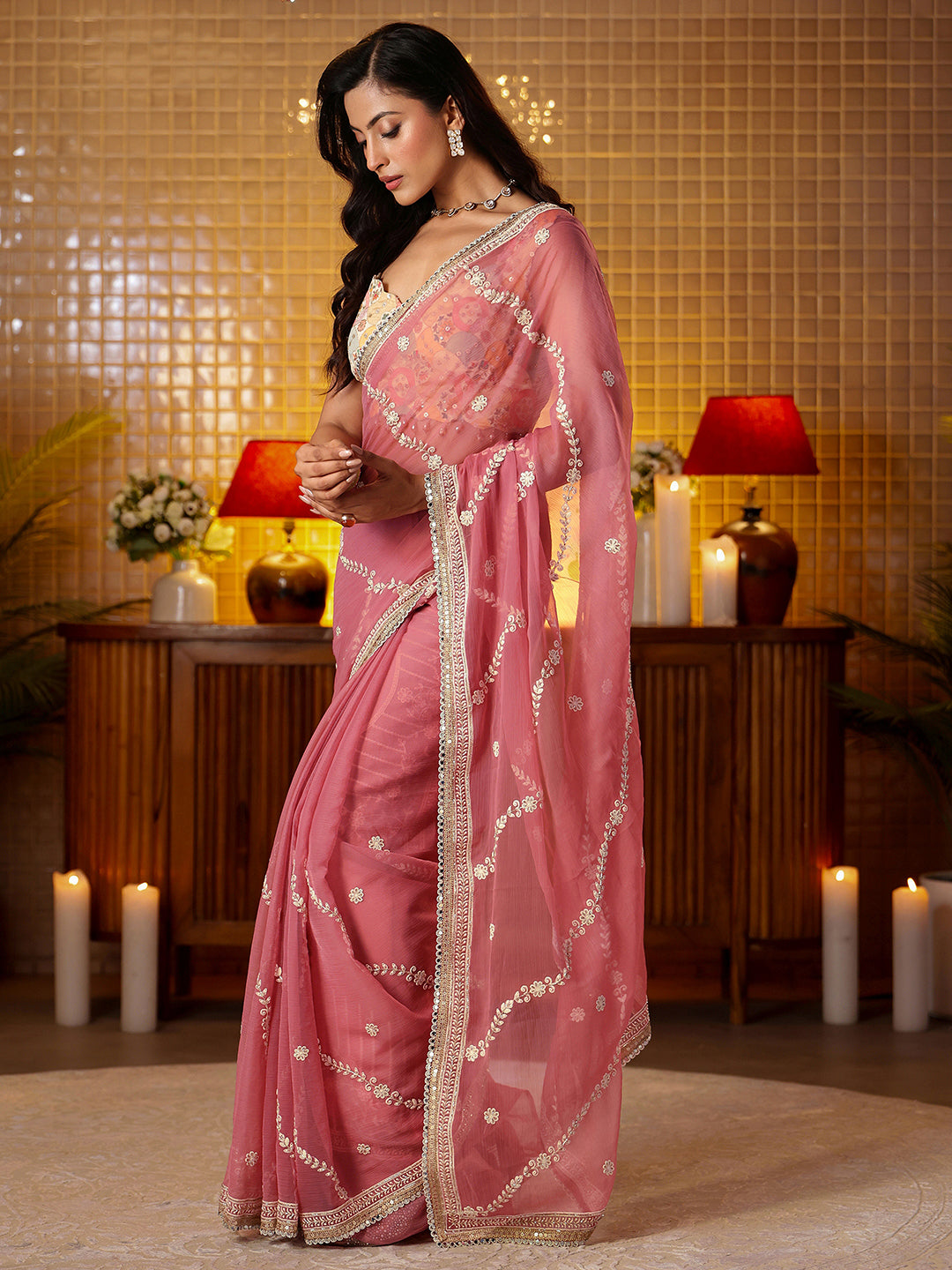 Libas Pink Floral Embroidered Chiffon Saree
