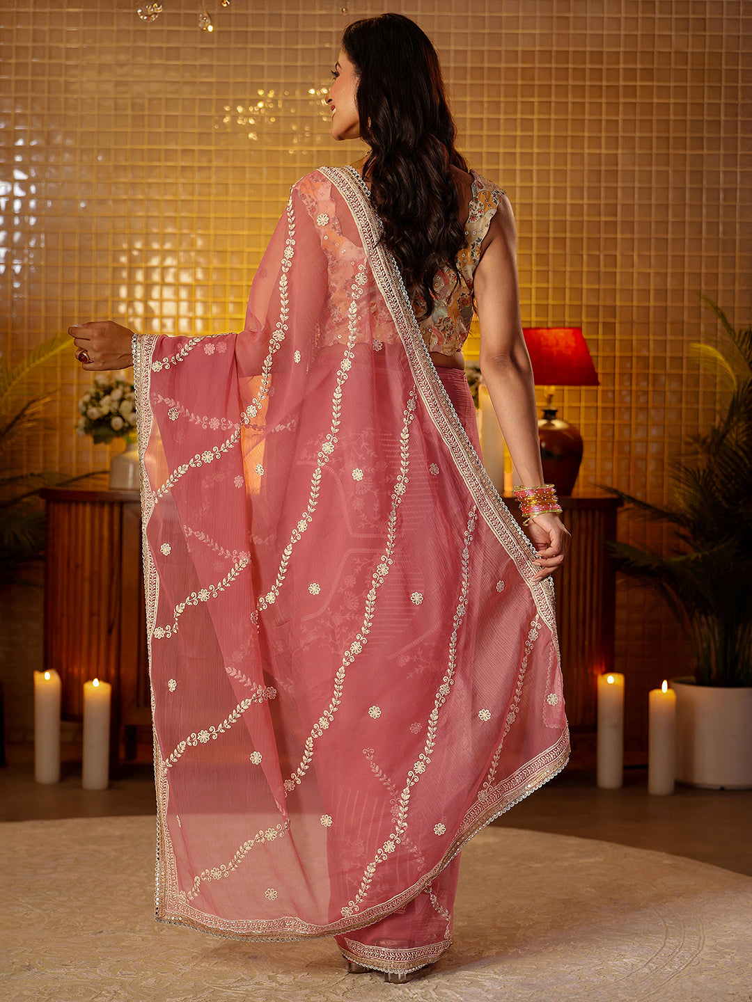 Libas Pink Floral Embroidered Chiffon Saree
