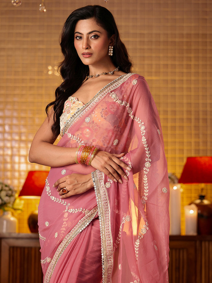 Libas Pink Floral Embroidered Chiffon Saree