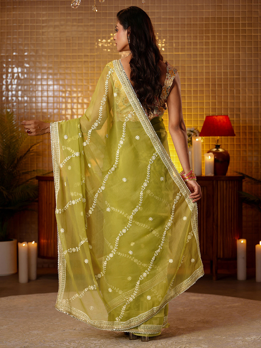 Libas Green Floral Embroidered Chiffon Saree