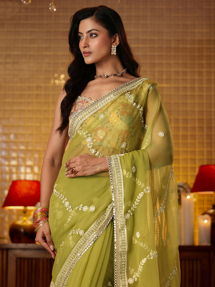 Libas Green Floral Embroidered Chiffon Saree