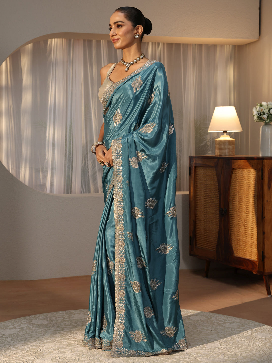 Teal Blue Ethnic Embroidered Satin Saree