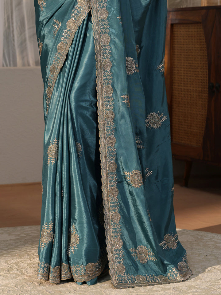 Teal Blue Ethnic Embroidered Satin Saree