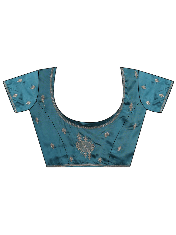 Teal Blue Ethnic Embroidered Satin Saree