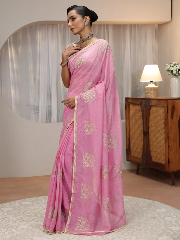 Baby Pink Floral Embroidered Chiffon Saree