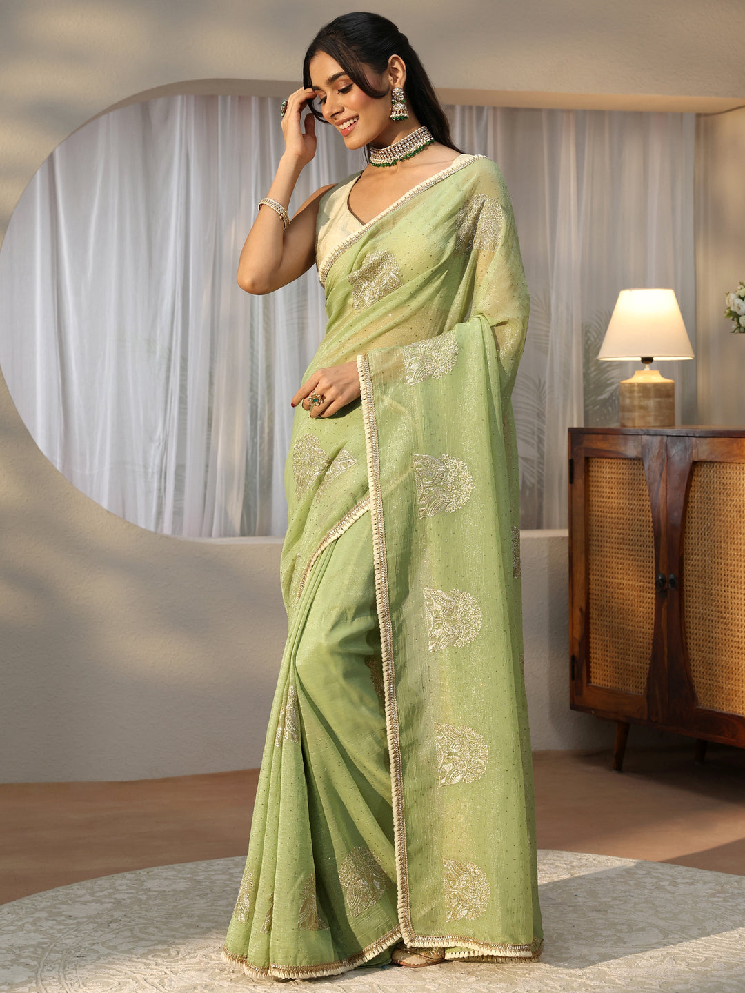 Sage Green Floral Embroidered Chiffon Saree