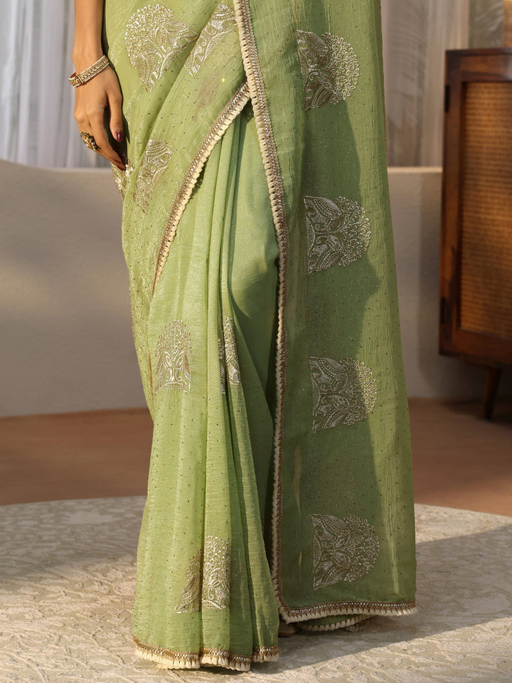 Sage Green Floral Embroidered Chiffon Saree