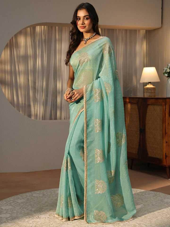 Sky Blue Floral Embroidered Chiffon Saree