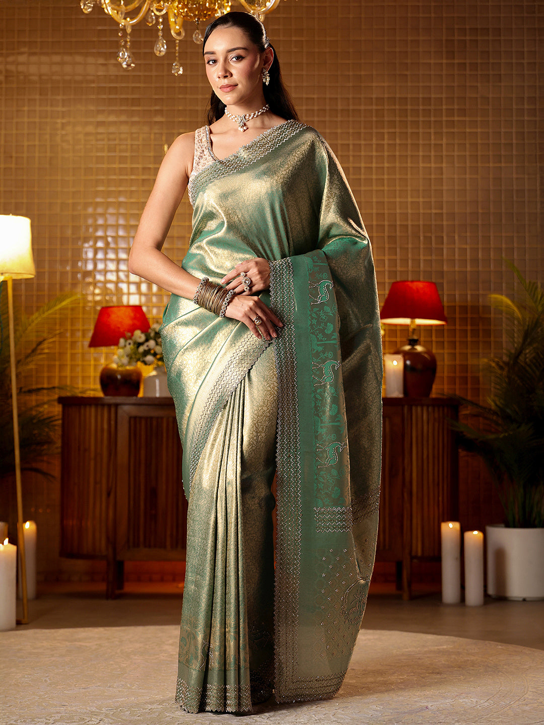 Libas Green Floral Woven Design Silk Blend Saree