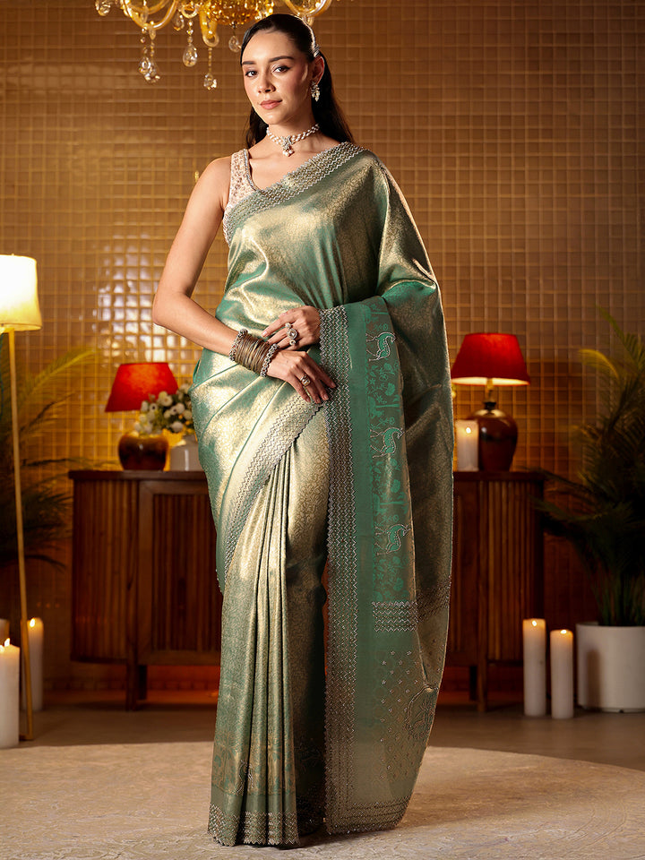 Libas Green Floral Woven Design Silk Blend Saree