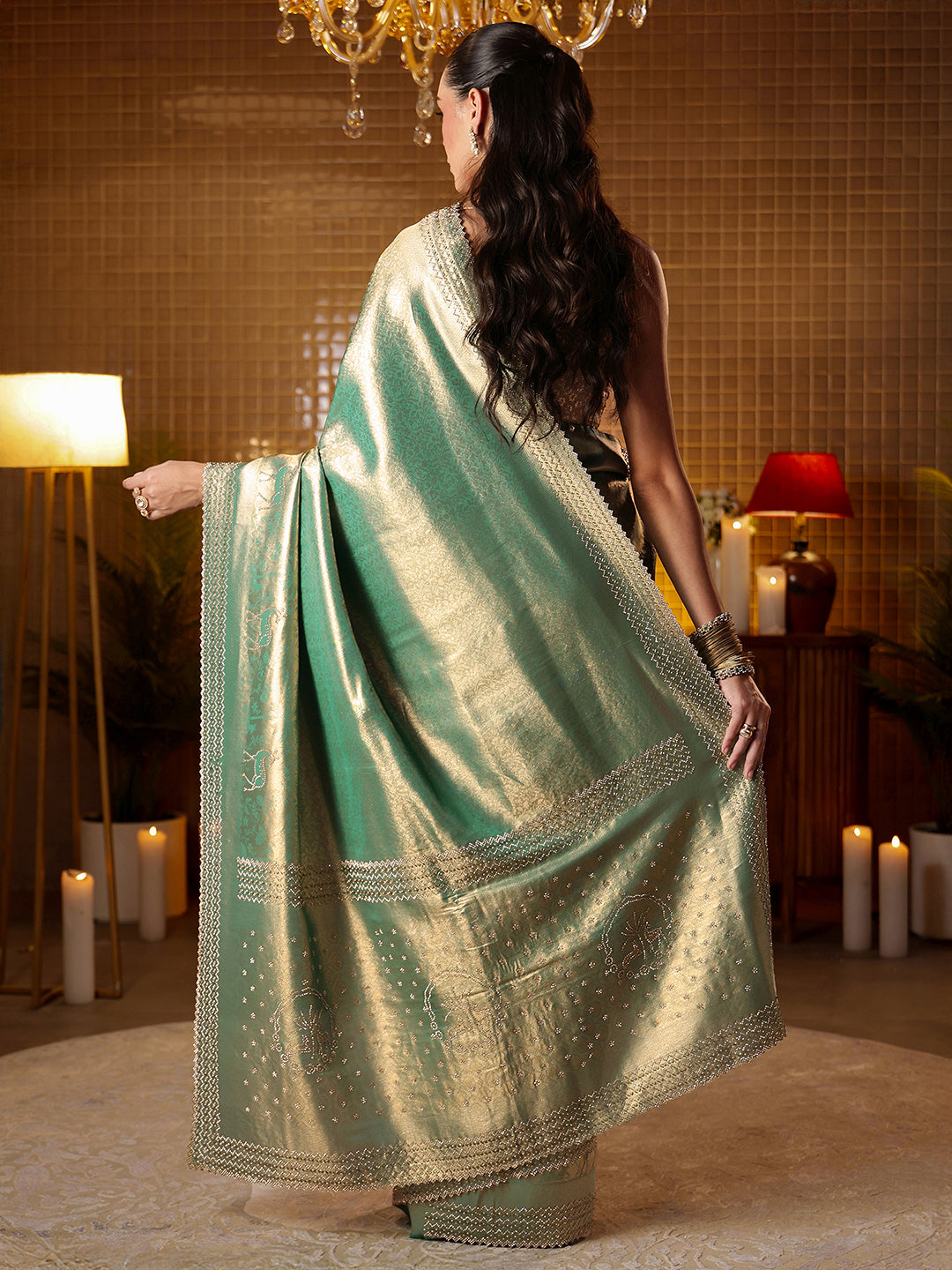 Libas Green Floral Woven Design Silk Blend Saree