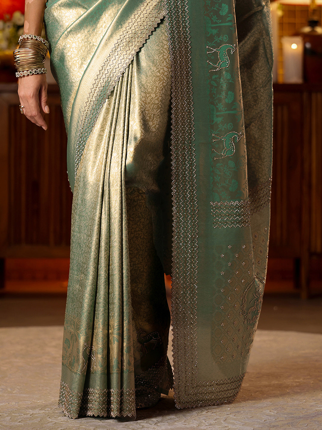Libas Green Floral Woven Design Silk Blend Saree