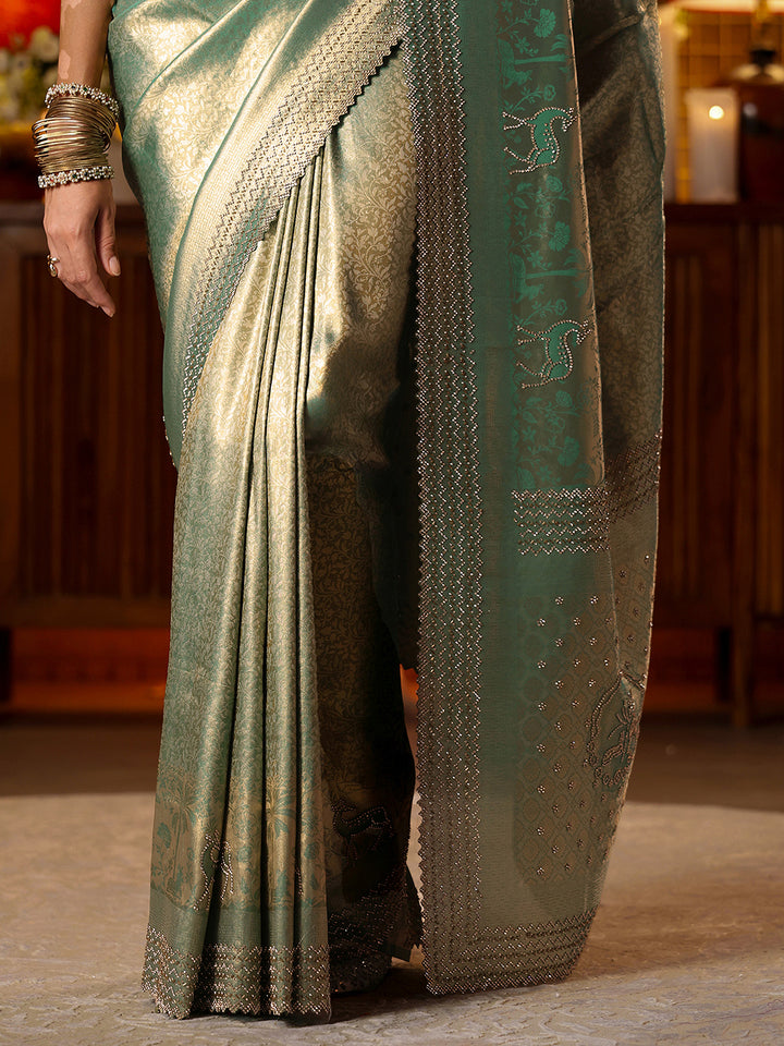 Libas Green Floral Woven Design Silk Blend Saree