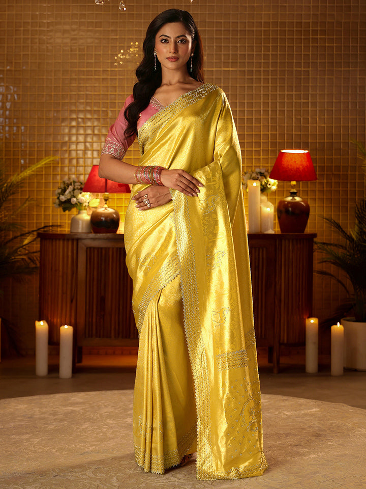 Libas Mustard Floral Woven Design Silk Blend Saree
