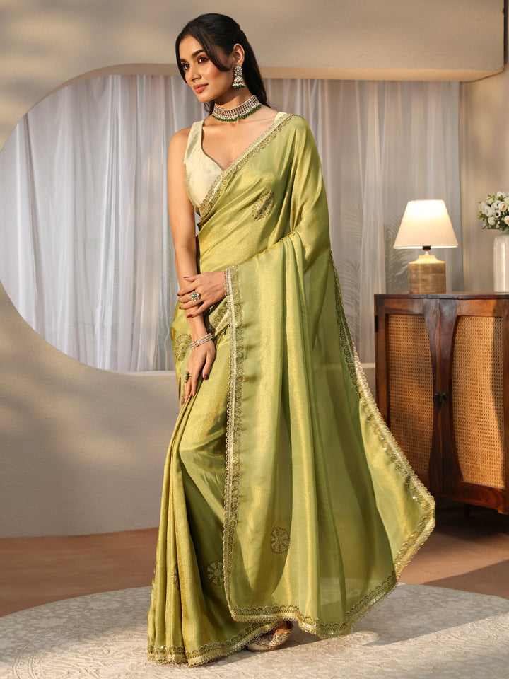 Pista Green Embellished Silk Blend Saree