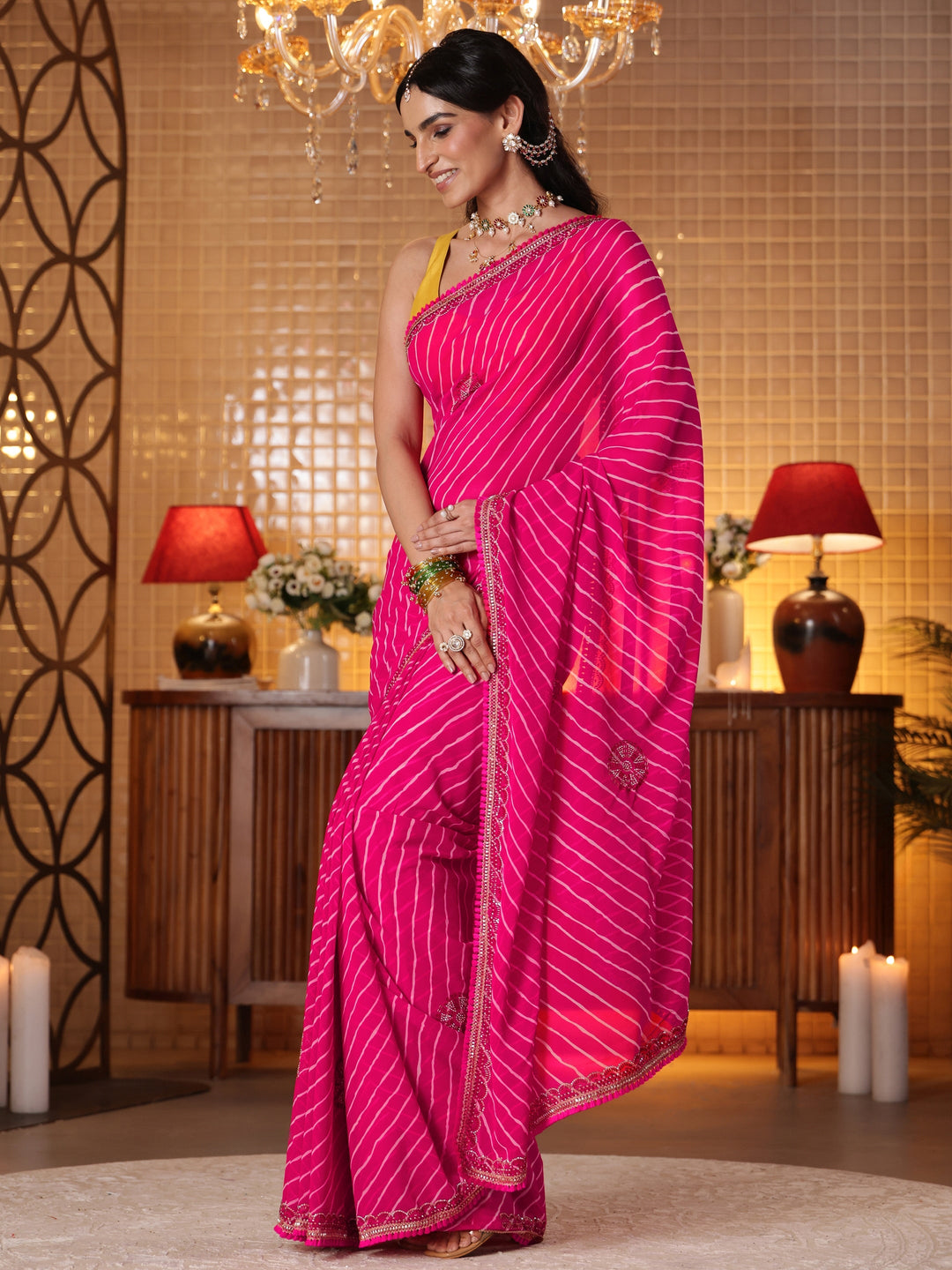 Libas Pink Leheriya Printed Georgette Saree