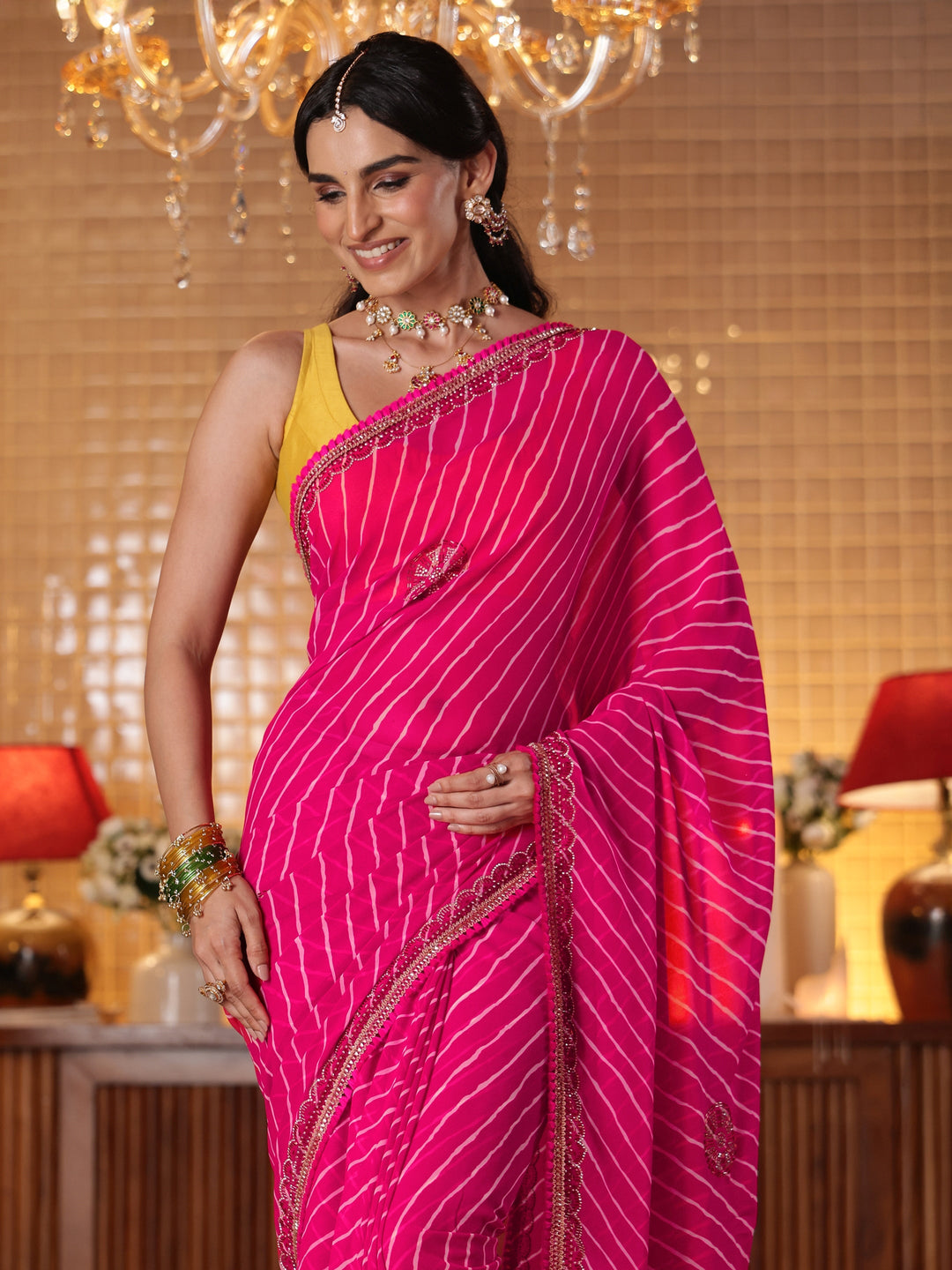 Libas Pink Leheriya Printed Georgette Saree