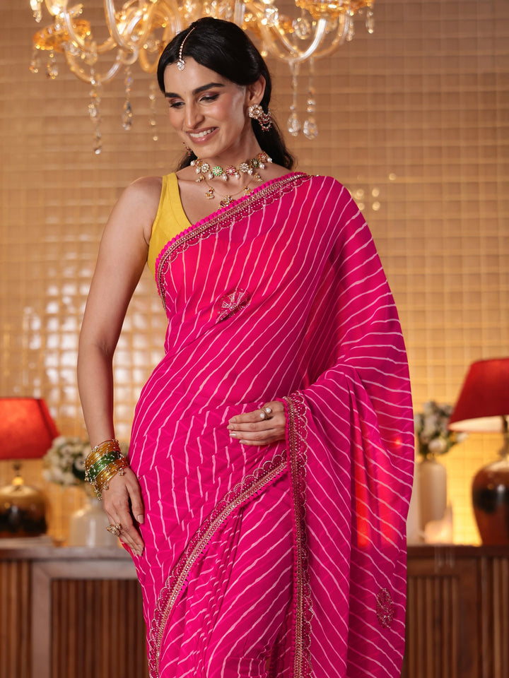 Libas Pink Leheriya Printed Georgette Saree