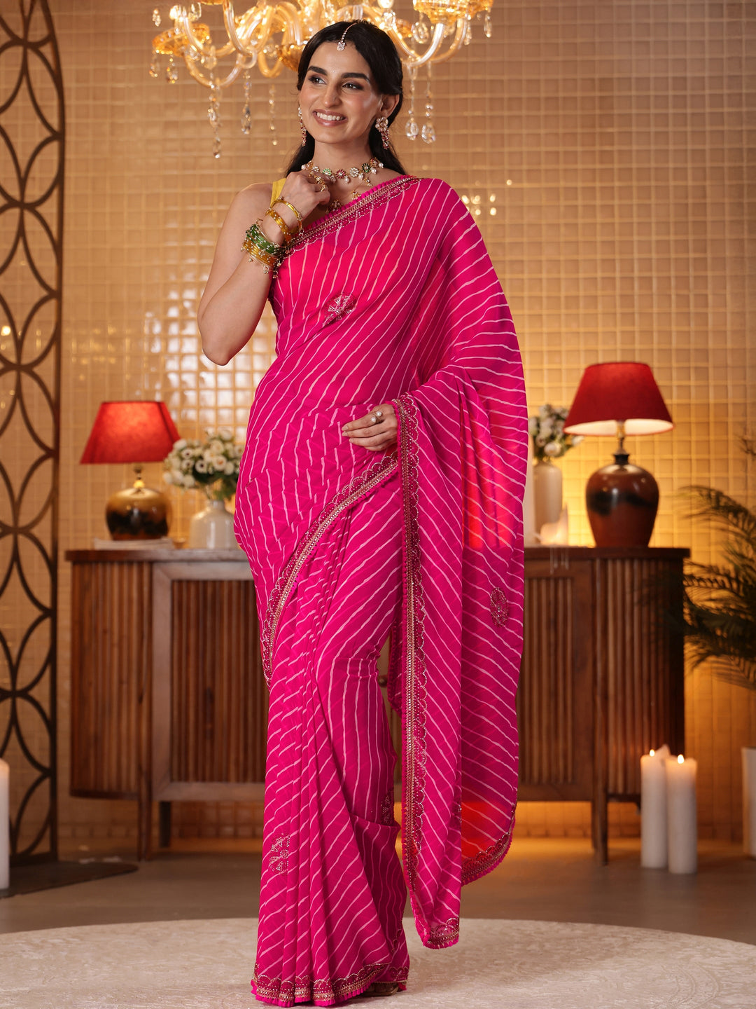 Libas Pink Leheriya Printed Georgette Saree