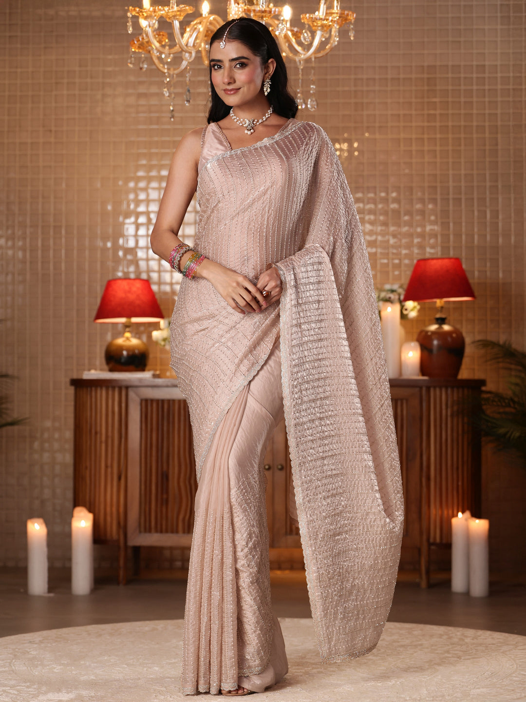 Libas Cream Striped Embellished Tissue Saree