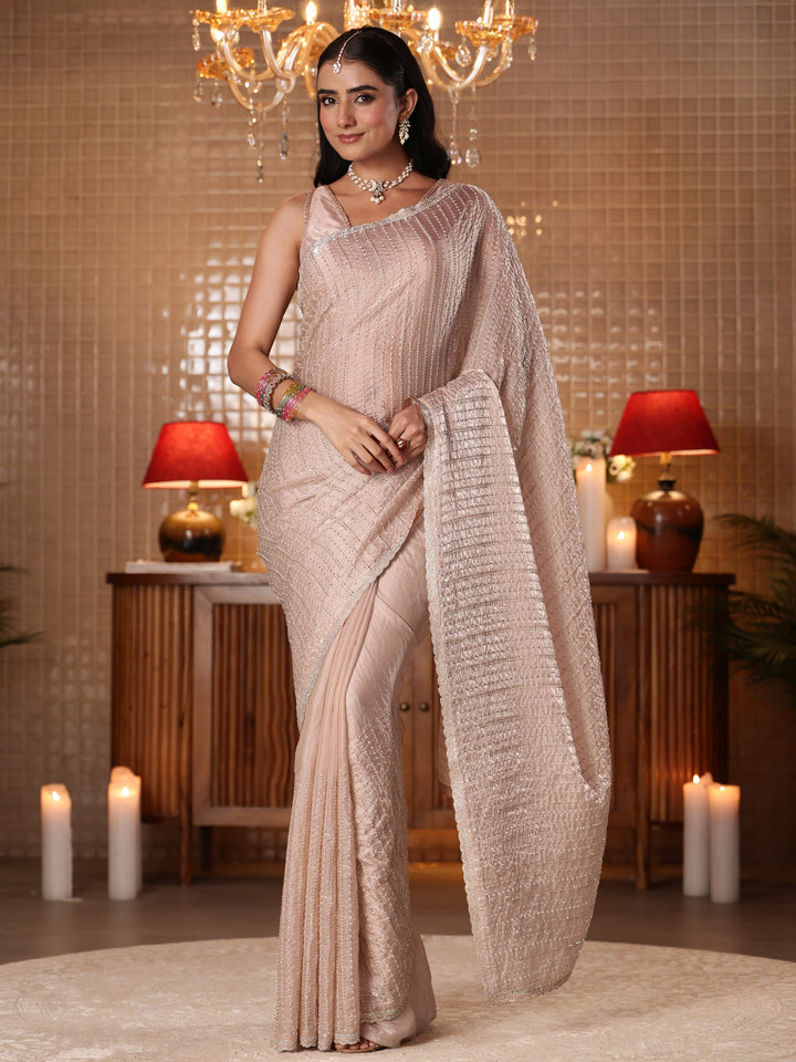 Libas Cream Striped Embellished Tissue Saree
