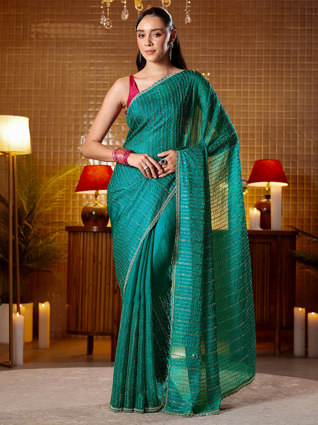 Libas Green Embellished Tissue Saree